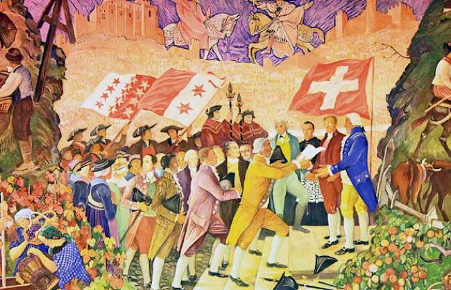 Gem&auml;lde von Ernest Bi&eacute;ler: Der Beitritt von anno dazumal bildlich in Szene gesetzt (seit 1946 im Grossratssaal in Sitten). 