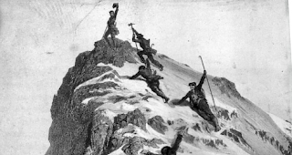 Die Ankunft der Erstbesteiger auf dem Matterhorn, wie sie der Maler Gustave Dor&eacute; sieht.