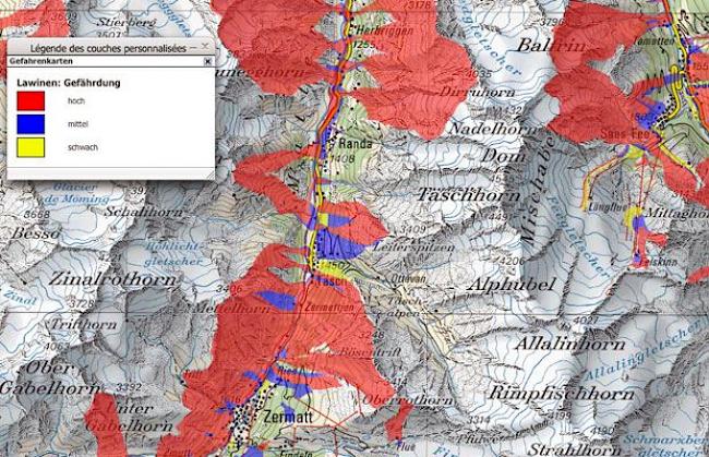 Auszug aus der Lawinengefahrenkarte des Kantons Wallis.