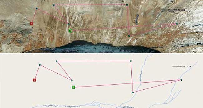 Beispiel einer Auswertung: Bewegung eines Leittiers oberhalb Saas-Almagell während vier Tagen (oben Satellitenbild-Darstellung, unten Kartendarstellung).