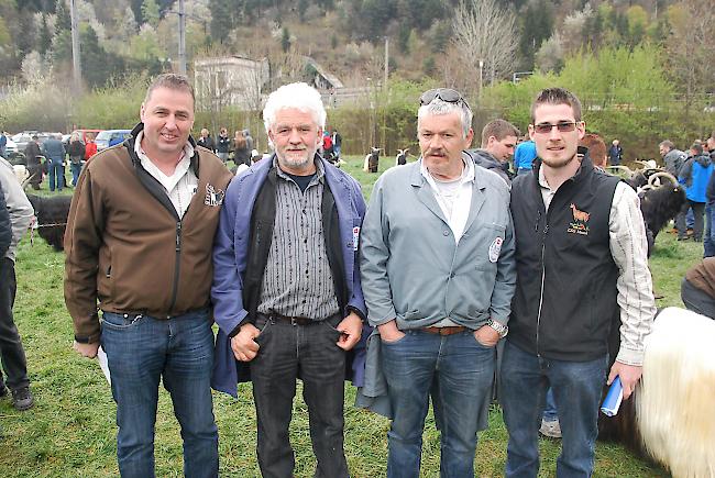 Von links: Reinhard Grand (Präsident des Oberwalliser Ziegenzuchtverbands (OZIV), Susten), Richter Ueli Perren (St. Stephan), Richter Carli Cathomas (Brigels) und Urs Schnydrig (OZIV-Vorstand, Mund).