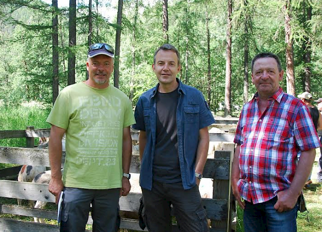 Domink Burgener, Organisator des Schäferfests, und Philippe Ammann, Verantwortlicher des Projekts Saaser Mutten von der Stiftung Pro Specie Rara, und Roland Bieri, Pate eines Schafes (von links).