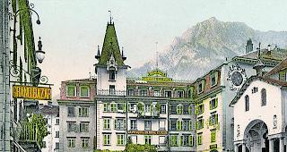 Grand Hotel. Das Hotel Couronne et Poste auf dem Sebastiansplatz bestimmte bis 1951 das Gesicht der Briger Innenstadt. 