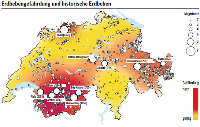 Erdbebenland Schweiz. Je dunkler eingefärbt ein Gebiet, desto höher ist die Gefährdung. (Symbolbild)