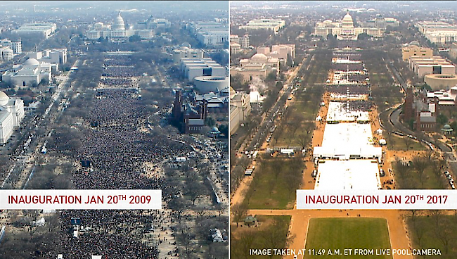 Rechts die unzähligen Massen bei Trumps Vereidigung. Links die paar Amerikaner, die bei Obama anwesend waren. #AlternativeFacts