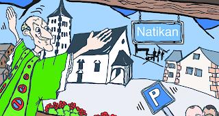 Vorbild Vatikan? Eine Karikatur zur umstrittenen Neugestaltung des Natischer Kirchplatzes.  