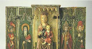 Walliser Baldachinretabel. Mit thronender Maria mit Kind, 1420; Landesmuseum. 