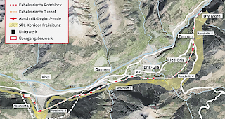 S&uuml;dvariante. Die &Uuml;bersicht zeigt den Korridor f&uuml;r die freileitung (schraffiert) und die m&ouml;gliche Variante f&uuml;r eine Erdverlegung.