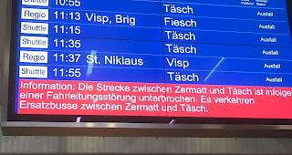 Aufgrund einer Fahrleitungsst&ouml;rung fielen auf der Strecke zwischen Zermatt und T&auml;sch s&auml;mtliche Z&uuml;ge aus. Gegen 14.30 Uhr konnte der Unterbruch behoben werden.  