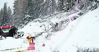 Schadenausmass noch unklar. Mitarbeiter der Sportbahnen Bellwald AG beseitigen umgest&uuml;rzte B&auml;ume nach dem Sturmtief &laquo;Andrea&raquo; im Januar 2012.  