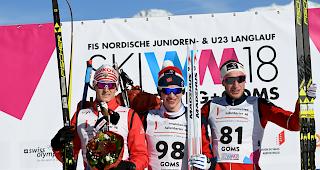 Junioren-WM 10 km (klassisch): Sieger Jon Rolf Skamo Hope aus Norwegen, flankiert von Sergej Ardaschew (RUS) auf Platz 2 und dem Drittplatzierten J&ouml;rgen Lippert aus Norwegen. 