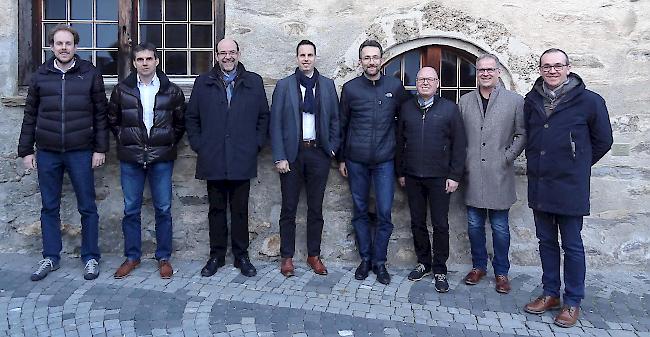 Verwaltungsrat und Geschäftsführung der EVR. Christian Mangisch, Reinhard Imboden, Michel Schwery (Vizepräsident), Jörg Schwestermann (Präsident), Alain Bregy, Beat Abgottspon, Urs Schmid und Thomas Köpfli (von links).