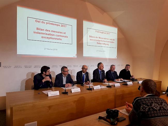 Yannick Buttet, Willy Giroud, Gérald Dayer, Christophe Darbellay, Jean-Maurice Tornay und Yvan Aymon (von links) an der Pressekonferenz zu den ausserordentlichen Entschädigungen aufgrund des Frühlingsfrosts.