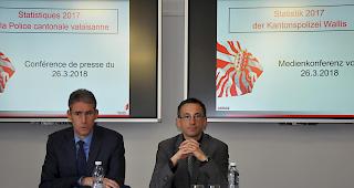 Christian Varone, Kommandant der Kapo Wallis, und Staatsrat Fr&eacute;d&eacute;ric Favre (von links) pr&auml;sentierten die Polizeistatistik 2017.