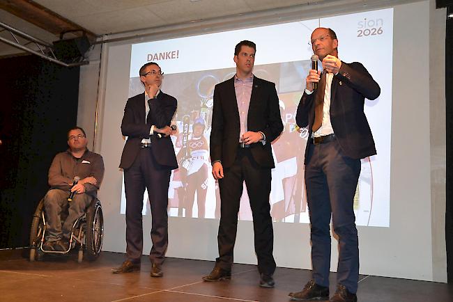 Für ein Ja. Hans-Jörg Arnold, Präsident Panathlon Club Oberwallis, Staatsrat Frédéric Favre, Olympiadelegierter Ralf Kreuzer und Ständerat Beat Rieder (v. l.) rührten am Montag die Werbetrommel für «Sion 2026».