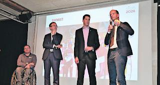 Im Olympia-Fieber. Die Referenten (von links): Hans-J&ouml;rg Arnold, Vertreter Paralympics, Fr&eacute;d&eacute;ric Favre und Ralf Kreuzer vom Olympiakomitee sowie St&auml;nderat Beat Rieder. 