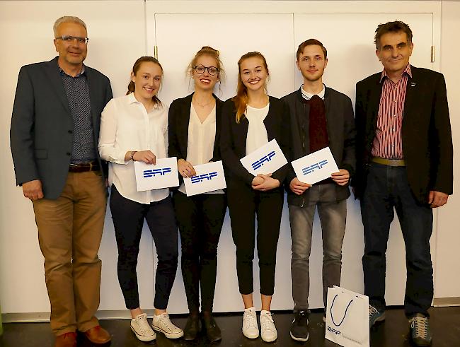 Von links: Peter Seiler (Mitglied der Geschäftsleitung der SRP Ingenieur AG), Livia Guntern, Anna Stoffel, Tatjana Zurbriggen, Thomas Weber und Paul Hanselmann (Präsident der NfGO).