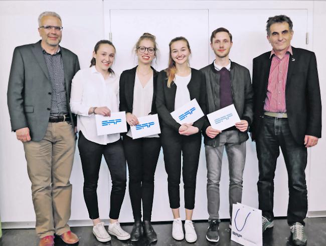 Kreativ. Peter Seiler (Mitglied der Geschäftsleitung der SRP Ingenieur AG), Livia Guntern, Anna Stoffel, Tatjana Zurbriggen, Thomas Weber und Paul Hanselmann (Präsident der NfGO). 