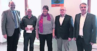 Verabschiedet. VR-Pr&auml;sident Michel Schwery mit den scheidenden Verwaltungsr&auml;ten Josef Pfammatter, Gaby Fux-Brantschen, Beat Abgottspon und Philipp Schnyder (von links). 