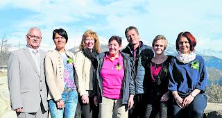 Geehrt. Erhielten vom Pr&auml;sidenten Schaller (ganz links) eine Medaille. Von links: Lydia Blatter (Simplon-Gondo), Beatrice Brantschen (St. Niklaus), Annemarie Zumofen-Eyer (Naters), Daniel Kreuzer (Visperterminen), Karin Zeiter-Wenger und Nadine Brunner (Visp).