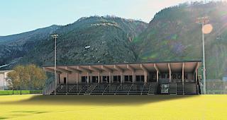 Vorprojekt. Der FC Raron will die Spieler- und Schiedsrichterkabinen im Erdgeschoss des neuen Klubgeb&auml;udes unterbringen. Oben rechts ist die Buvette mit der gedeckten Terrasse, im vorderen Teil befinden sich die Trib&uuml;nen-Sitzpl&auml;tze.