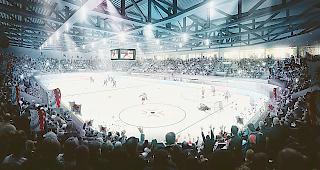 Der Videow&uuml;rfel am Dach der Lonza Arena wird eine halbe Million Franken kosten.Fotomontage zvg