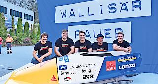 Wallis&auml;r Pauer. Das Motto der Ulrich Imboden AG passt auch zum Bobteam Kuonen: Leonardo Guerra, Patrick  Kuonen, Michael Kuonen, Hans Strahm und Marco D&ouml;rig (von links).