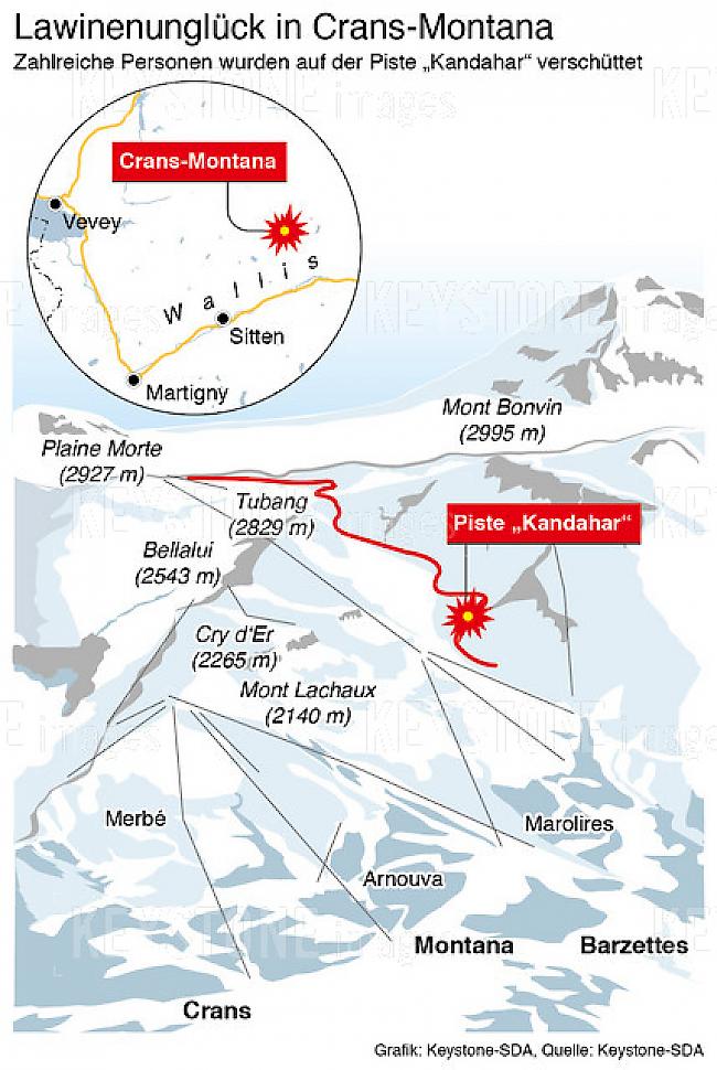 Lokalisierung der Lawine im Skigebiet von Crans-Montana.