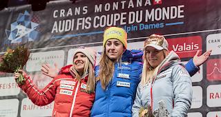 Kein erster Weltcup-Podestplatz f&uuml;r Joana H&auml;hlen (links). Im &uuml;berarbeiteten Klassement wird Nicole Schmidhofer als Zweite und Corinne Suter als Dritte gef&uuml;hrt (statt Lara Gut-Behrami, rechts). Siegerin bleibt Sofia Goggia (mitte).