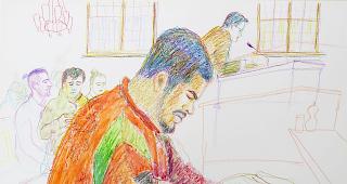 Gerichtszeichnung von Linda Gr&auml;del anl&auml;sslich des Prozesses von Jugendstraft&auml;ter "Carlos" wegen schwerer K&ouml;rperverletzung im M&auml;rz 2017 in Z&uuml;rich.