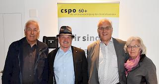 Vorstandsmitglied Ren&eacute; Imoberdorf, Kurt Regotz, Pr&auml;sident CSPO 60+, Nationalratskandidat Alex Schwestermann und Rosemarie Bumann, Vorstand CSPO 60+ (von links).