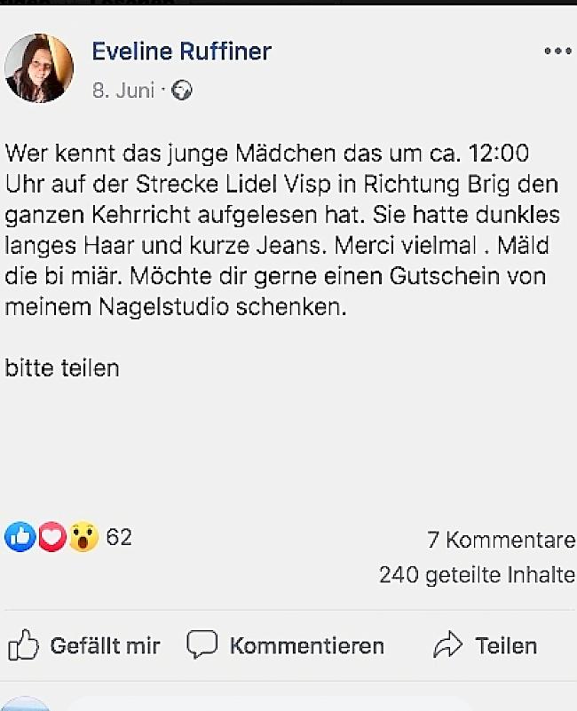 Diesen Post veröffentlichte Eveline Ruffiner auf Facebook.