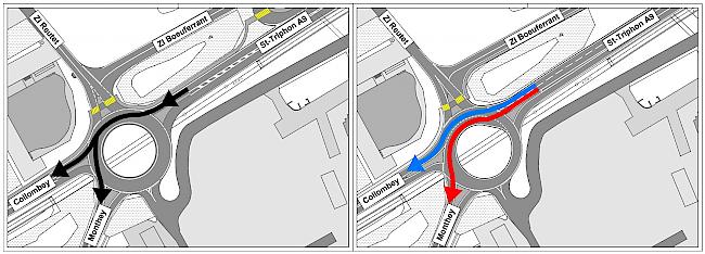 Die aktuelle und die neue Situation beim Kreisel «Boeuferrant» in Monthey.