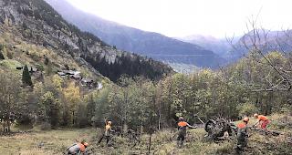 Die Zivilsch&uuml;tzer aus dem Kanton Aargau r&auml;umten in Blatten auch eine Weide von durch Lawinen angesp&uuml;lten Steinen und Holz.