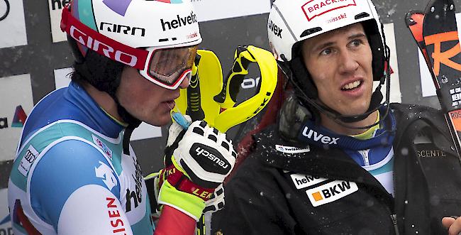 Die Walliser-Fraktion: Ramon Zenhäusern und Daniel Yule (links). Reissen die Schweizer wieder mal etwas beim Wengen-Slalom? Der erste Lauf beginnt um 10.15 Uhr. (Archivbild)