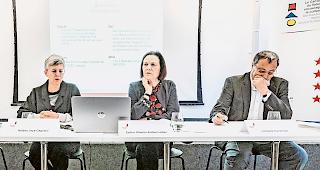 F&ouml;rderprogramm. H&eacute;l&egrave;ne Joye-Cagnard, Esther Waeber-Kalbermatten und Jacques Cordonier (von links) stellten LiteraturPro vor.