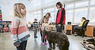 Stillgestanden. Unter den fachkundigen Augen von Hundehalterin Denise Schnyder lernen die Kinder den richtigen Umgang mit Bergamasker H&uuml;ndin Emee. 