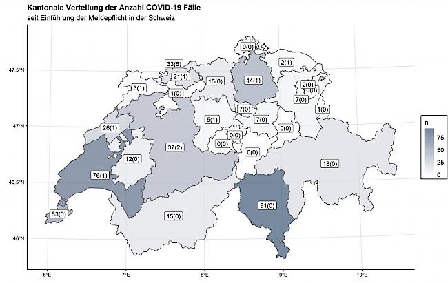  Kantonale Verteilung der Anzahl COVID-19 Fälle seit Einführung der Meldepflicht in der Schweiz und dem Fürstentum Liechtenstein: Anzahl bestätigter Fälle
(in Klammern: Anzahl Fälle mit erstem positivem Resultat, Bestätigung ausstehend)